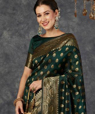 Green silk blend banarasi saree with unstitched blouse piece 4