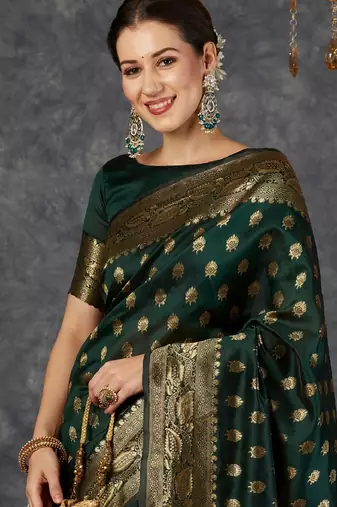 Green silk blend banarasi saree with unstitched blouse piece