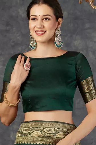 Green silk blend banarasi saree with unstitched blouse piece
