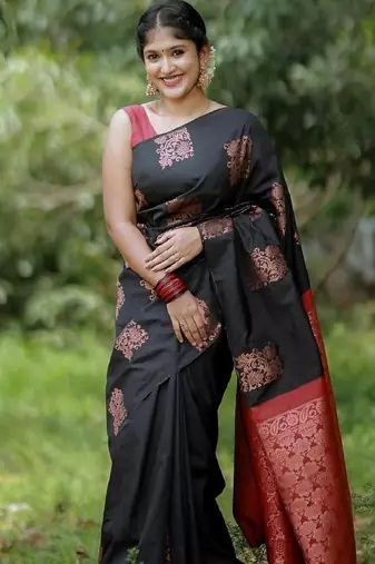 Black red soft silk blend banarasi jacuard work designer party wear saree with unstitched blouse piece