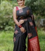 Black red soft silk blend banarasi jacuard work designer party wear saree with unstitched blouse piece