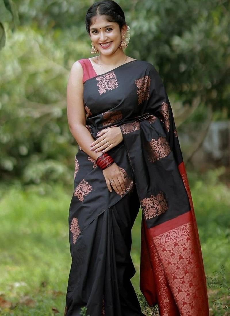 Black red soft silk blend banarasi jacuard work designer party wear saree with unstitched blouse piece