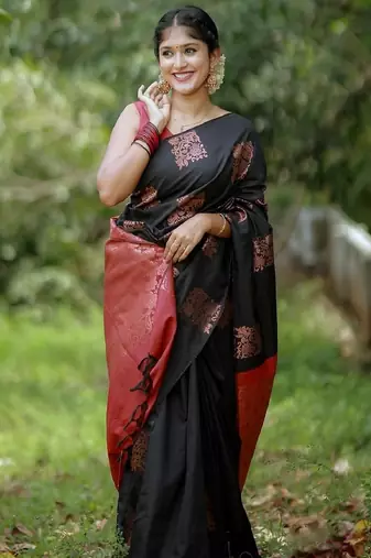Black red silk blend banarasi saree with unstitched blouse piece