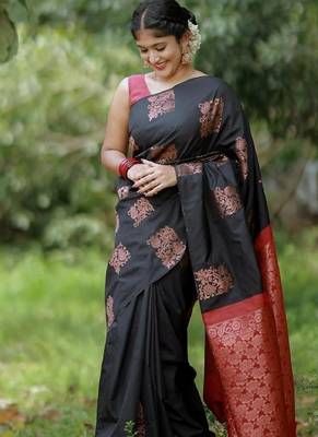Black red silk blend banarasi saree with unstitched blouse piece 3