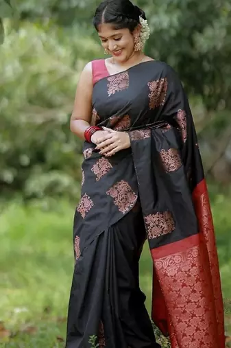 Black red silk blend banarasi saree with unstitched blouse piece