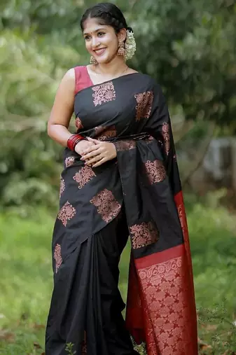 Black red silk blend banarasi saree with unstitched blouse piece