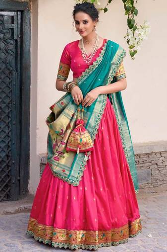 rani-pink and teal designer lehenga choli set