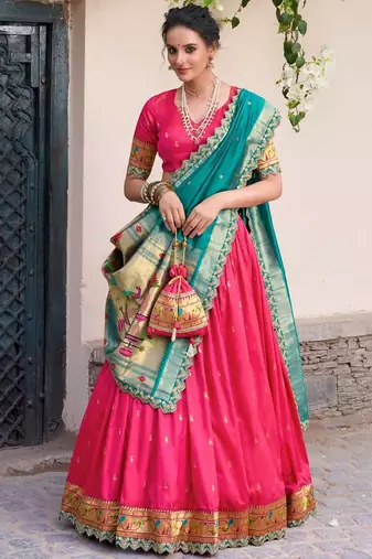 rani-pink and teal designer lehenga choli set