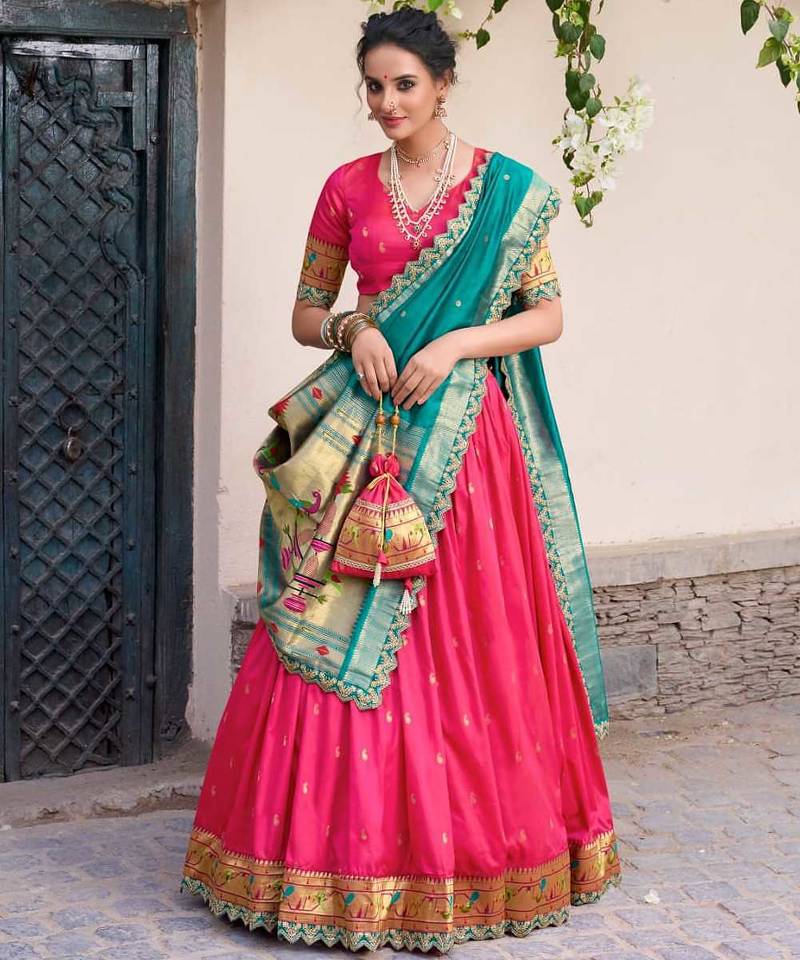 rani-pink and teal designer lehenga choli set