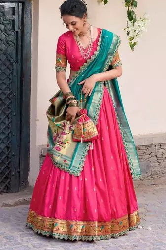 rani-pink and teal designer lehenga choli set