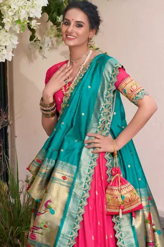 rani-pink and teal designer lehenga choli set