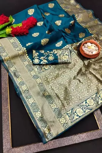 Morpich soft silk blend banarasi jacuard work designer party wear saree with unstitched blouse piece
