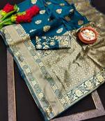 Morpich soft silk blend banarasi jacuard work designer party wear saree with unstitched blouse piece