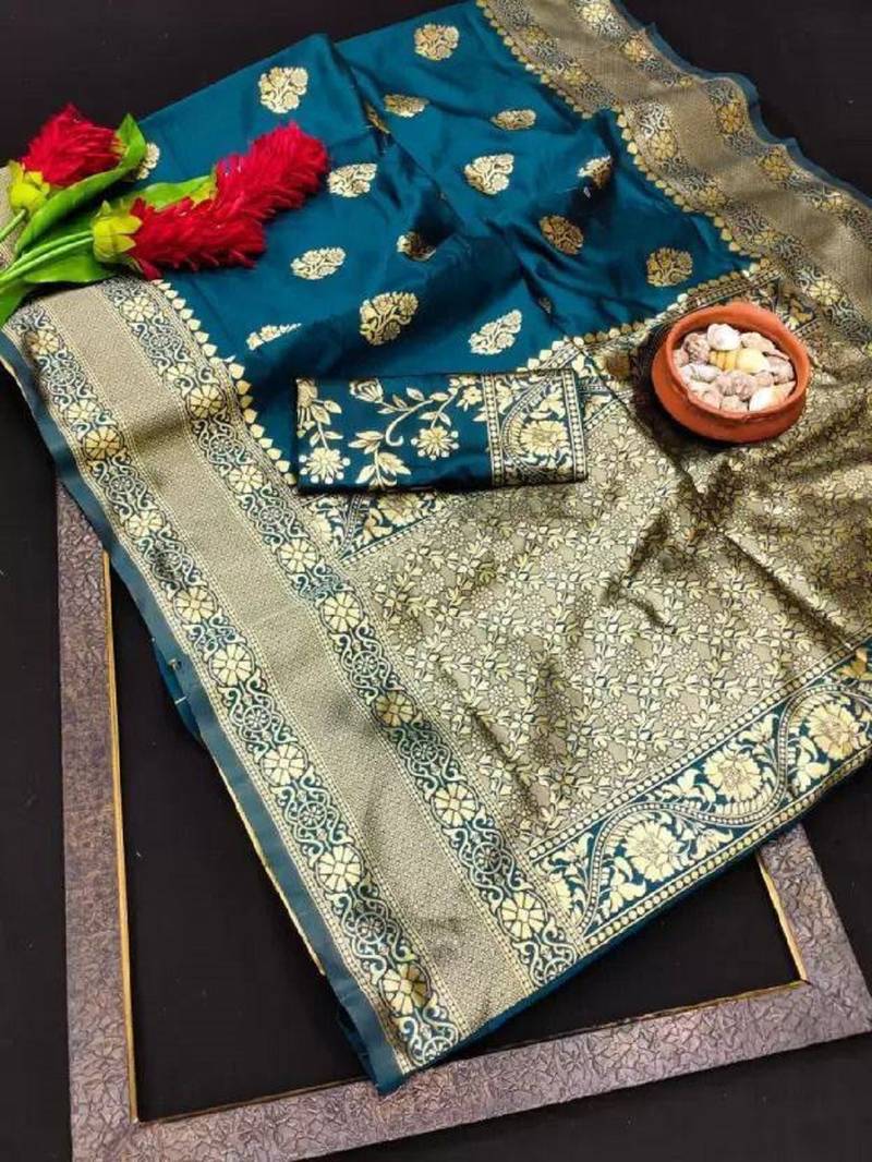 Morpich soft silk blend banarasi jacuard work designer party wear saree with unstitched blouse piece