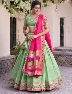 green and pink designer lehenga cholis et 1