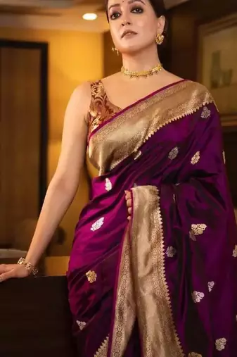 Purple soft silk blend banarasi jacuard work designer party wear saree with unstitched blouse piece
