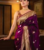 Purple soft silk blend banarasi jacuard work designer party wear saree with unstitched blouse piece