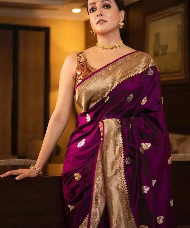 Purple soft silk blend banarasi jacuard work designer party wear saree with unstitched blouse piece