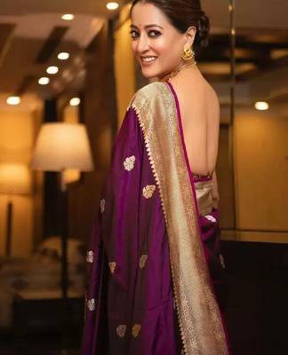 Purple silk blend banarasi saree with unstitched blouse piece 2