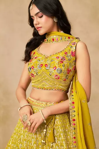 yellow embroidered designer lehenga choli set