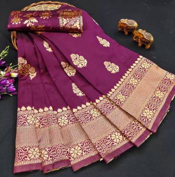 Purple silk blend banarasi saree with unstitched blouse piece 3