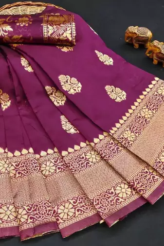 Purple silk blend banarasi saree with unstitched blouse piece