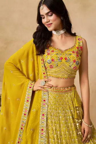 yellow embroidered designer lehenga choli set
