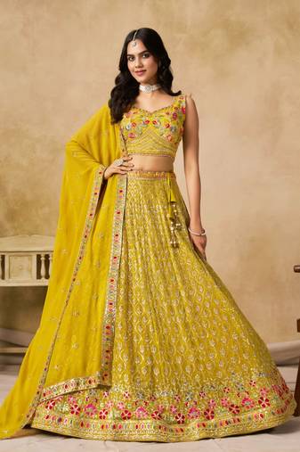 yellow embroidered designer lehenga choli set