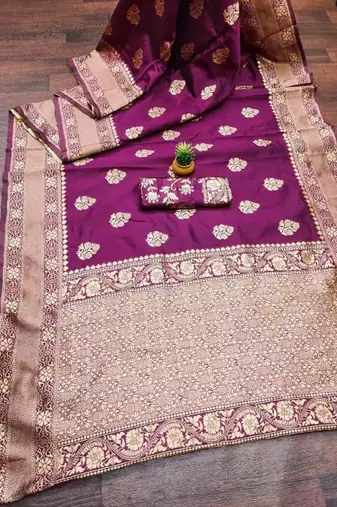 Purple silk blend banarasi saree with unstitched blouse piece
