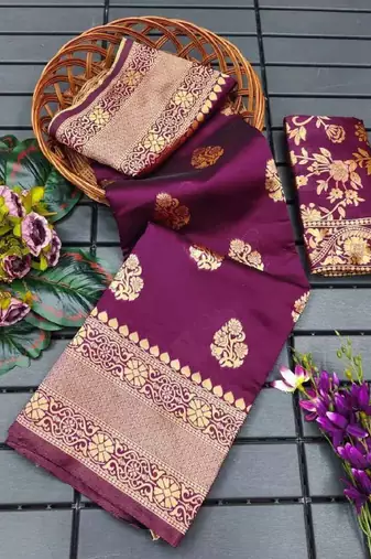 Purple silk blend banarasi saree with unstitched blouse piece