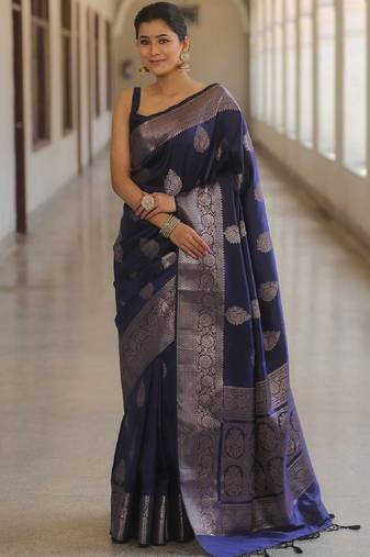 Blue  soft silk blend banarasi jacuard work designer party wear saree with unstitched blouse piece