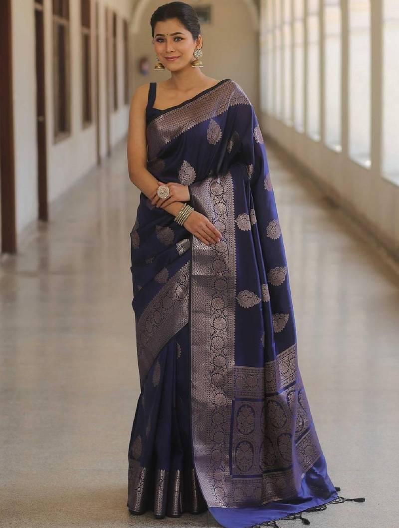 Blue  soft silk blend banarasi jacuard work designer party wear saree with unstitched blouse piece