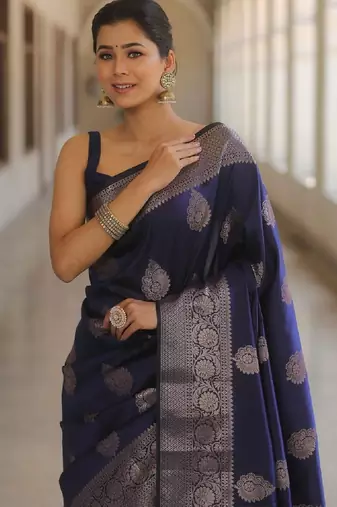 Blue silk blend banarasi saree with unstitched blouse piece