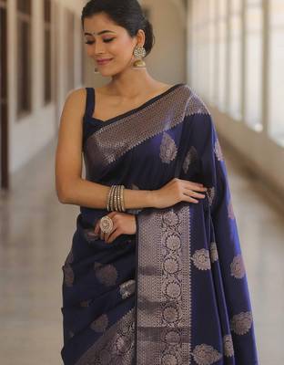 Blue silk blend banarasi saree with unstitched blouse piece 3