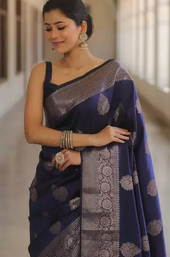 Blue silk blend banarasi saree with unstitched blouse piece