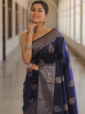 Blue silk blend banarasi saree with unstitched blouse piece 4