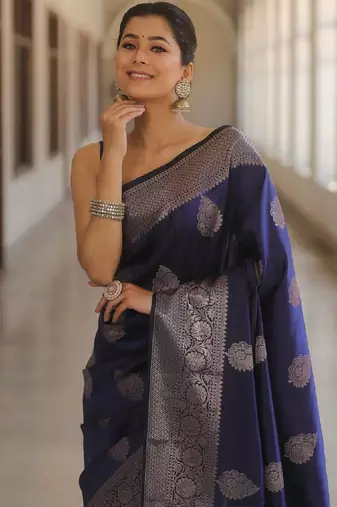Blue silk blend banarasi saree with unstitched blouse piece