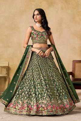 green embroidered bridal lehenga choli set 1