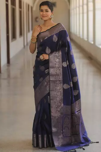 Blue silk blend banarasi saree with unstitched blouse piece