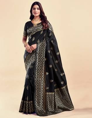 Black silk blend banarasi saree with unstitched blouse piece 1