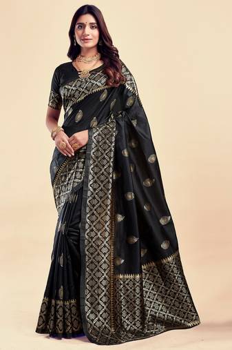 Black soft silk blend banarasi jacuard work designer party wear saree with unstitched blouse piece