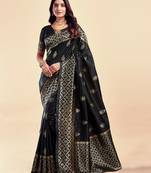 Black soft silk blend banarasi jacuard work designer party wear saree with unstitched blouse piece