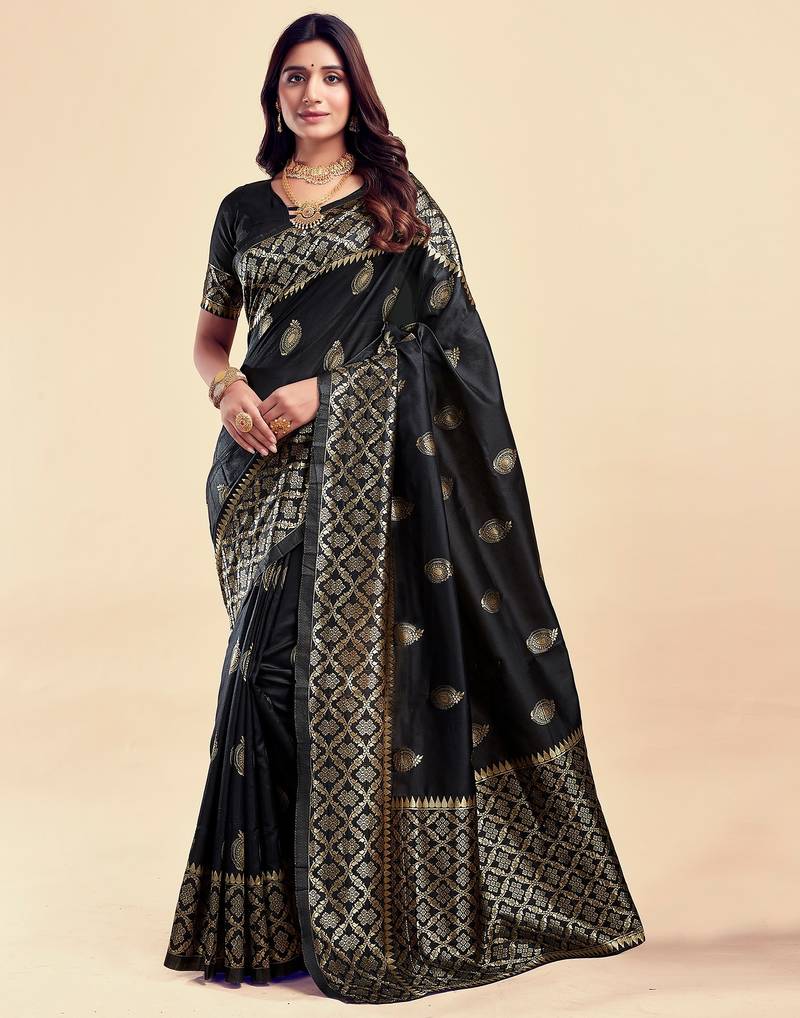 Black soft silk blend banarasi jacuard work designer party wear saree with unstitched blouse piece