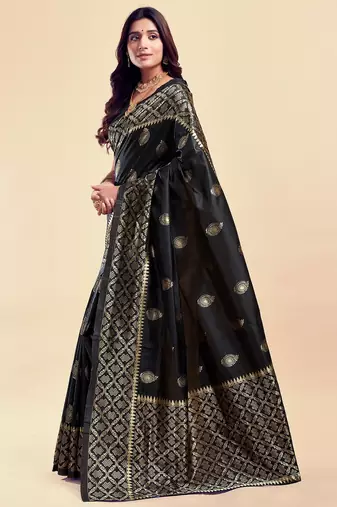 Black silk blend banarasi saree with unstitched blouse piece