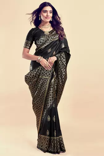 Black silk blend banarasi saree with unstitched blouse piece