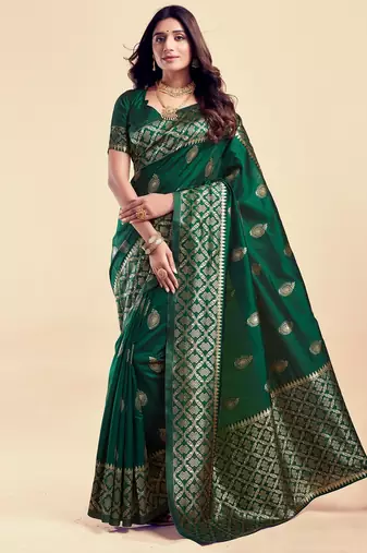 Dark green soft silk blend banarasi jacuard work designer party wear saree with unstitched blouse piece