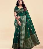 Dark green soft silk blend banarasi jacuard work designer party wear saree with unstitched blouse piece