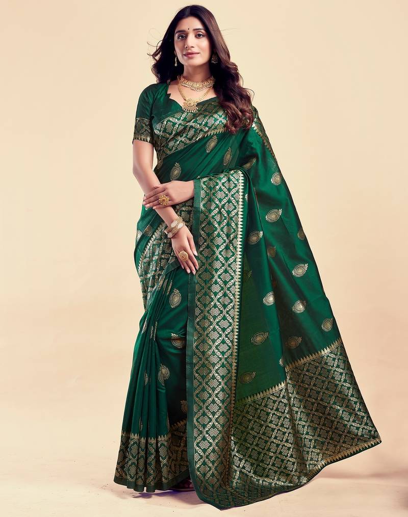 Dark green soft silk blend banarasi jacuard work designer party wear saree with unstitched blouse piece