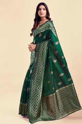 Dark green silk blend banarasi saree with unstitched blouse piece