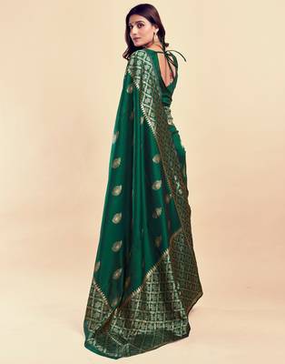 Dark green silk blend banarasi saree with unstitched blouse piece 3